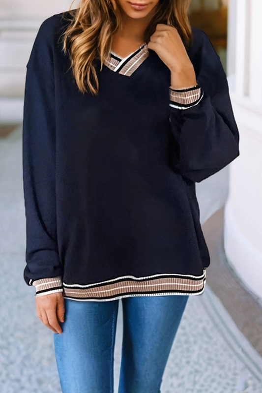 Varsity Contrast Trim V Neck Sweatshirt