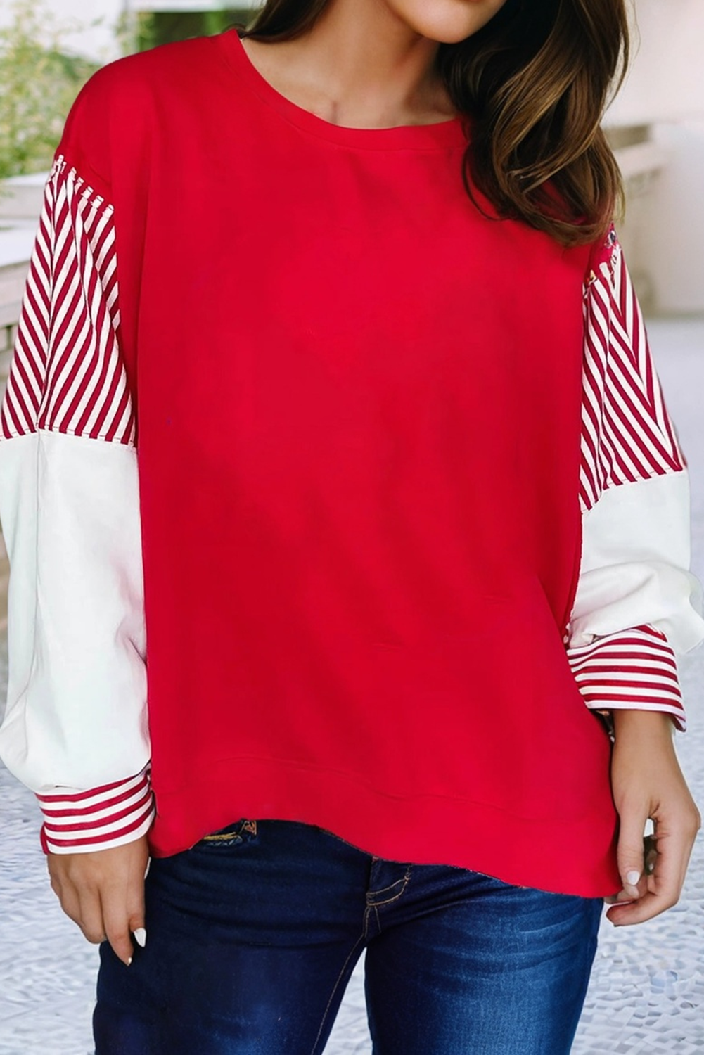 Striped Patchwork Sleeve Colorblock Sweatshirt