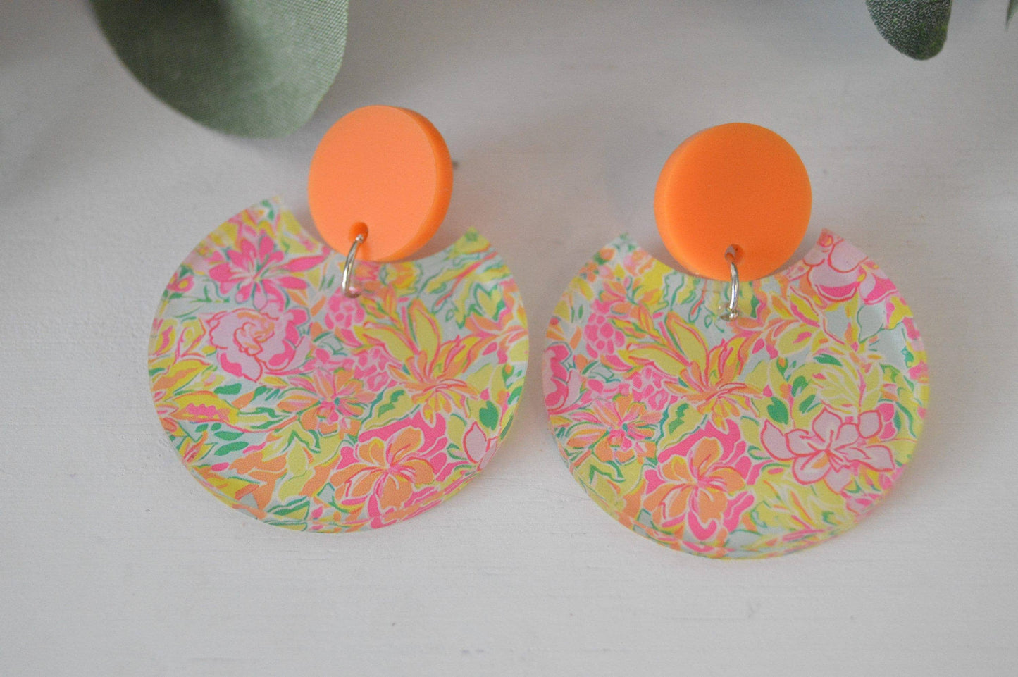 Preppy Earrings, Colorful Notched Circle Earrings, Floral