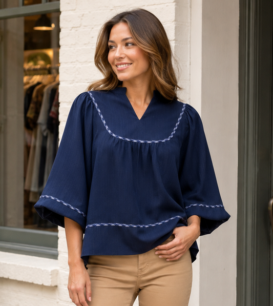 Umgee navy textured contrast trim blouse, front view