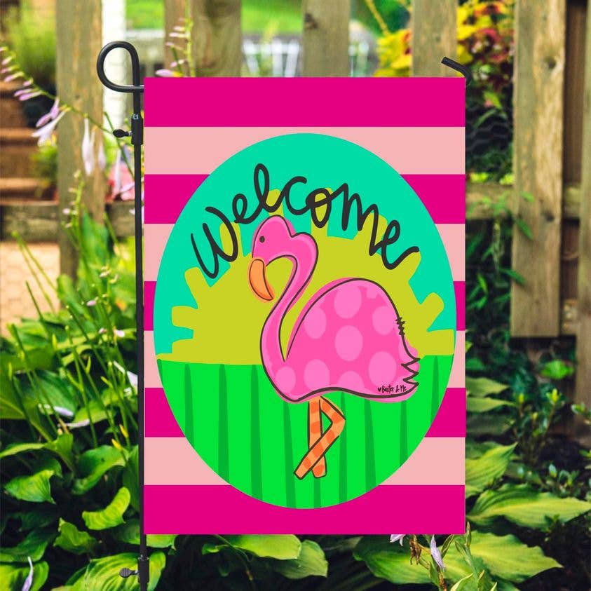 Welcome Flamingo garden flag in yard — water-resistant UV-fade resistant summer tropical flag