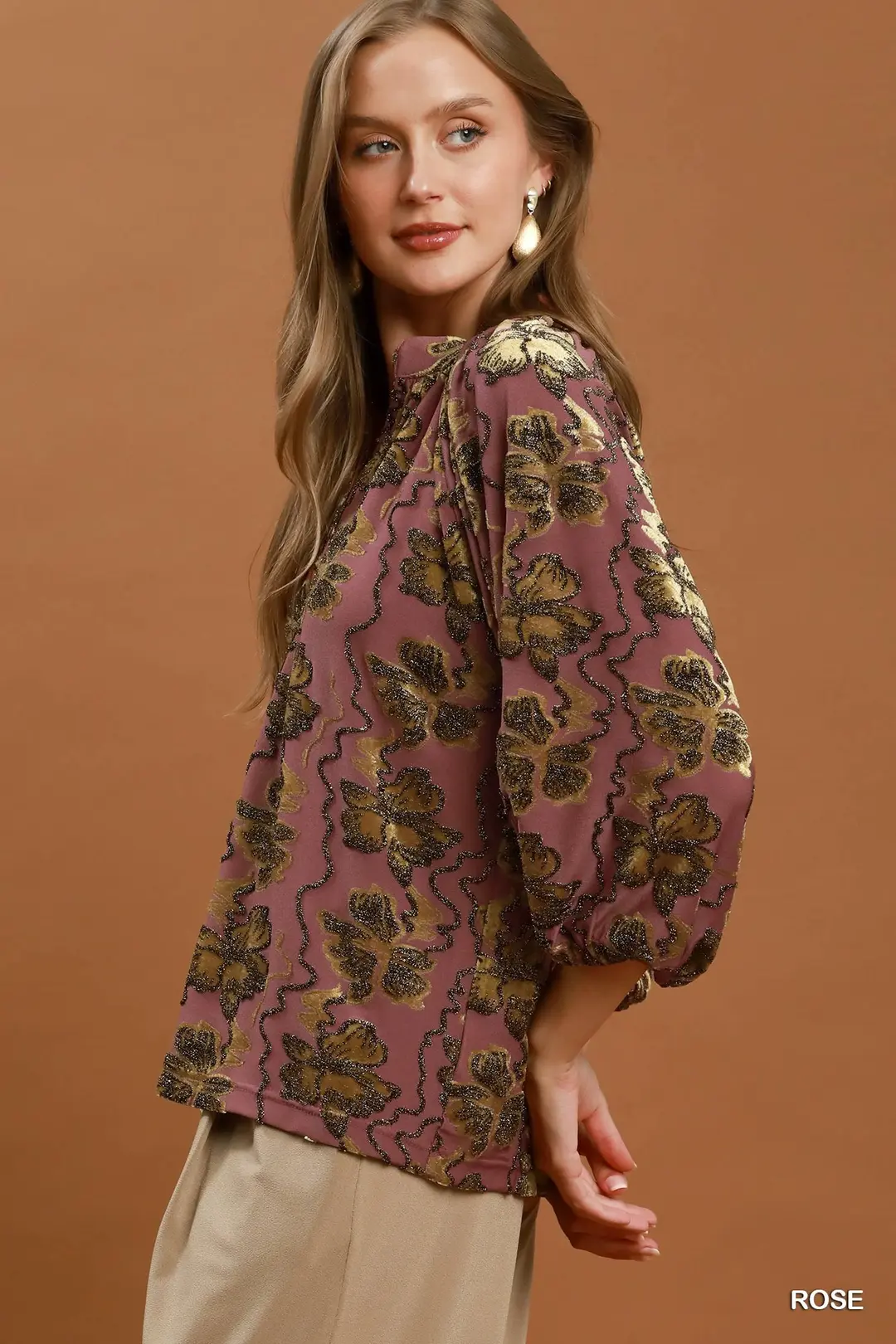 Umgee metallic velvet floral split neck blouse, fabric texture close-up