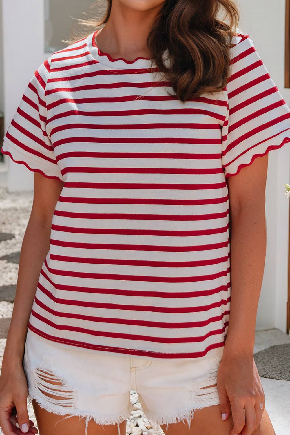 Scalloped Trim Round Neck T Shirt