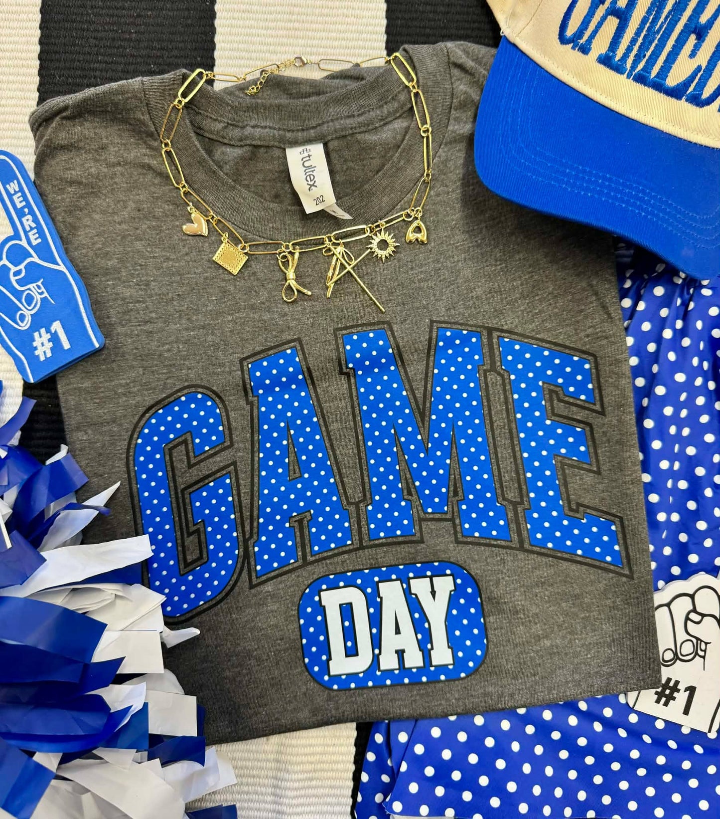 Blue polka dot Game Day graphic tee on heather charcoal Tultex women's shirt
