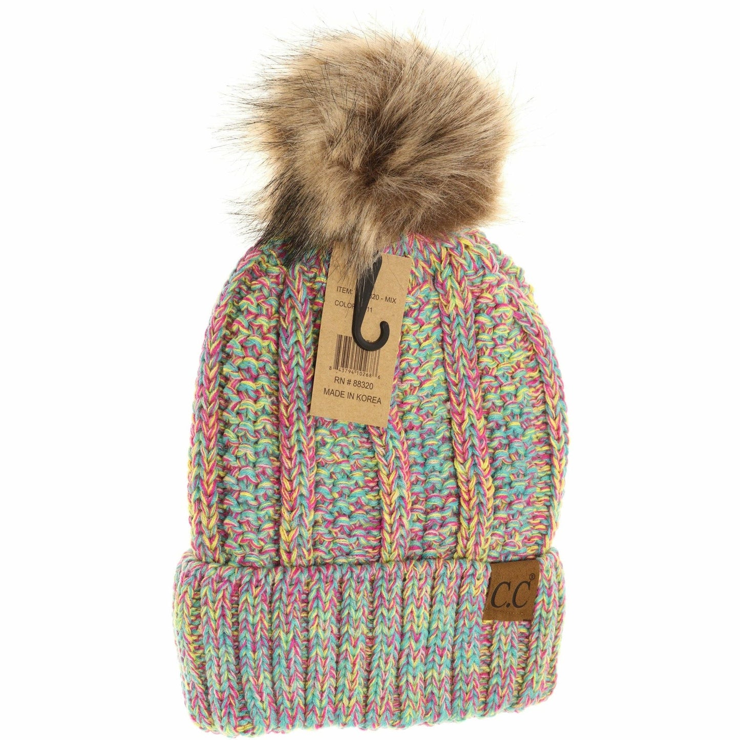 Fuzzy Lined Multi Tone Fur Pom CC Beanie