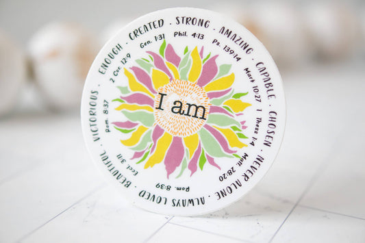 I Am, Sunflower, Vinyl Sticker, 3x3 in.