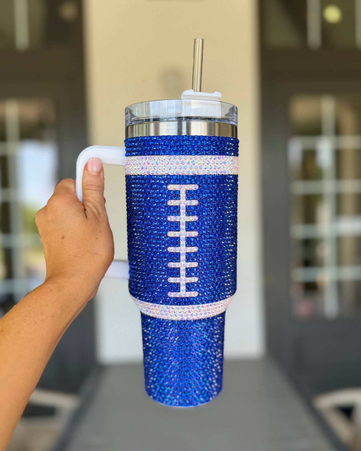 Blue Rhinestone Football 40 Oz. Tumbler