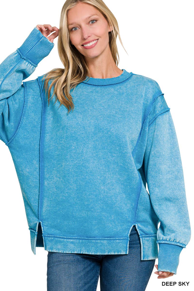 Zenana Washed Side Slit Fleece Sweatshirt – Oversized Relaxed Fit