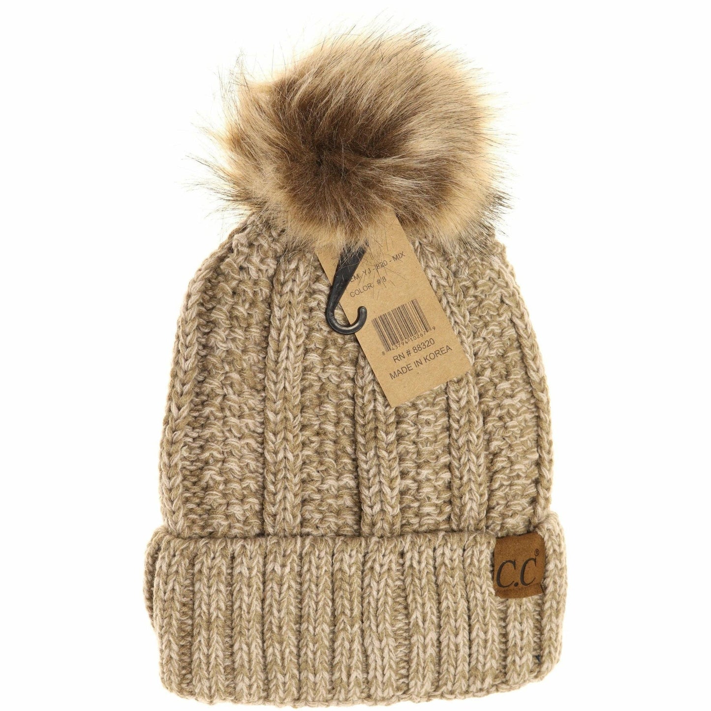 Fuzzy Lined Multi Tone Fur Pom CC Beanie
