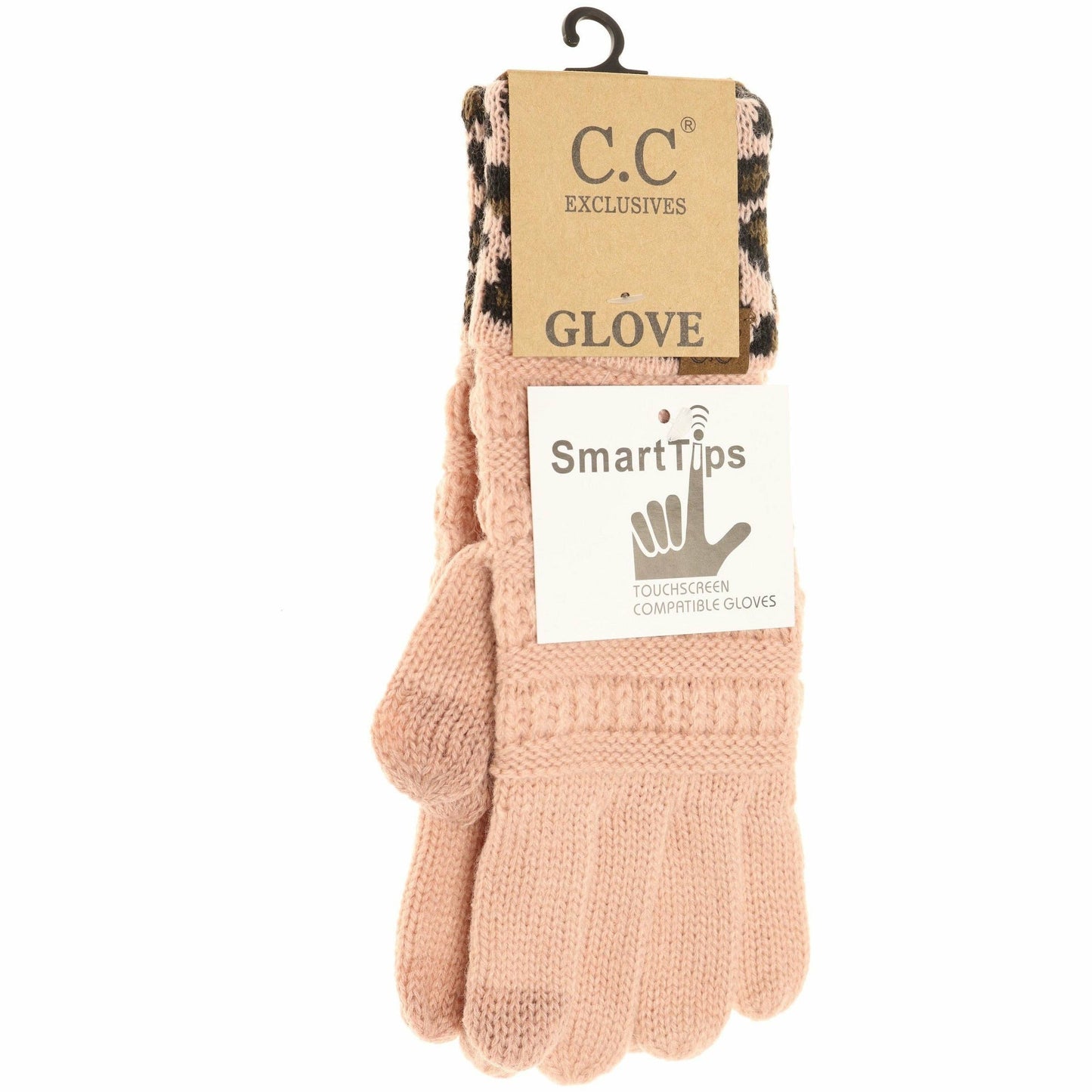 Solid Cable Knit Leopard Cuff CC Women's Gloves
