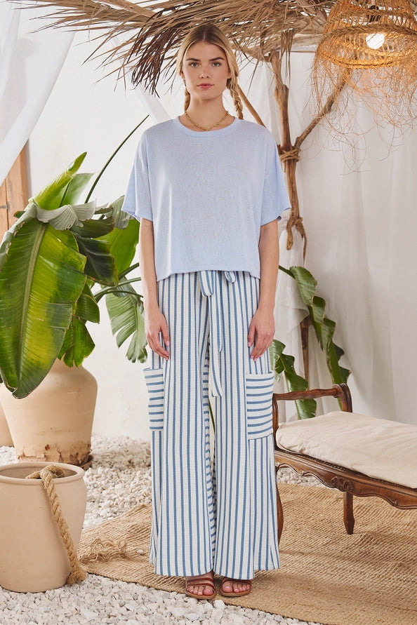 Striped wide-leg pants in indigo/cream, styled with a light blue tee, front view close-up