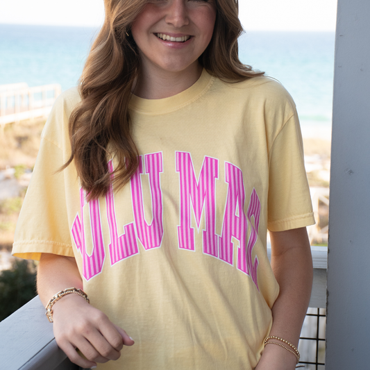 Lulu Mac Stripe Comfort Colors Tee in Butter Yellow - oversized striped graphic tee by Girlie Girl Originals