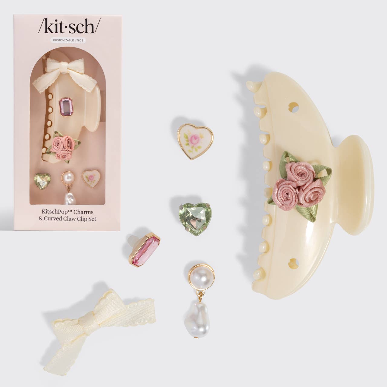 KitschPop Curved Claw Clip 7pc Set Vintage- Pearlized Cream
