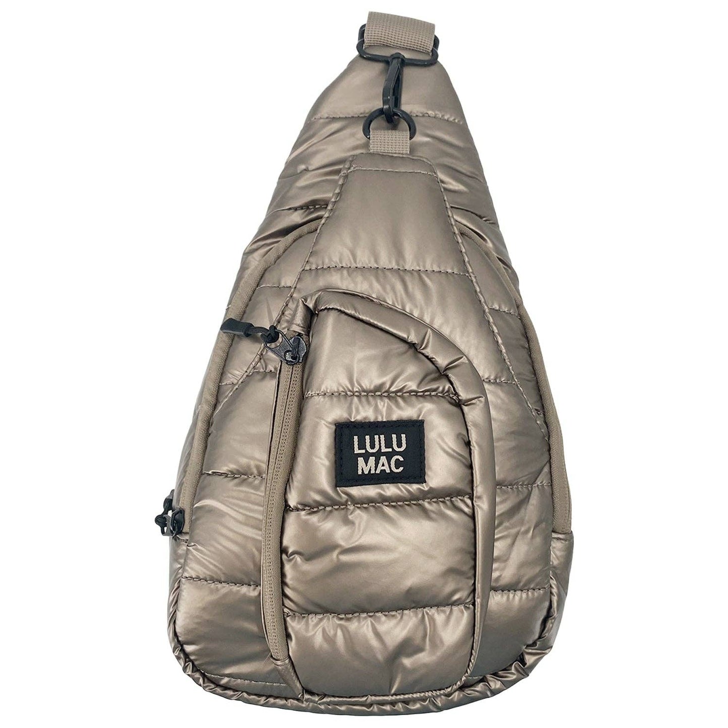 metallic olive puffer sling bag with adjustable crossbody strap