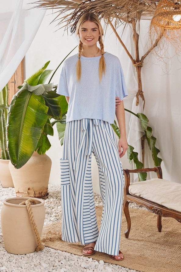 Striped wide-leg pants in indigo/cream, styled with a light blue tee, front view