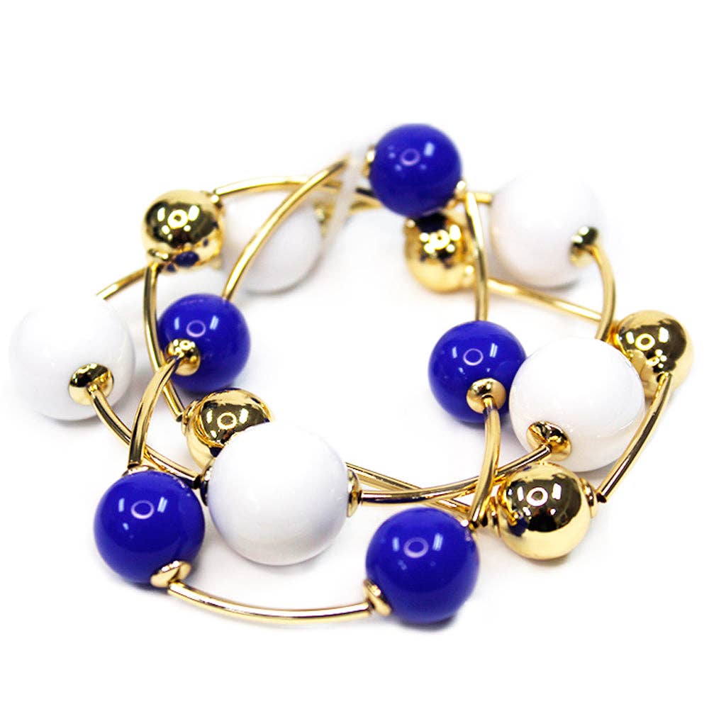 Blue white and gold beaded game day stretch bracelet set of two