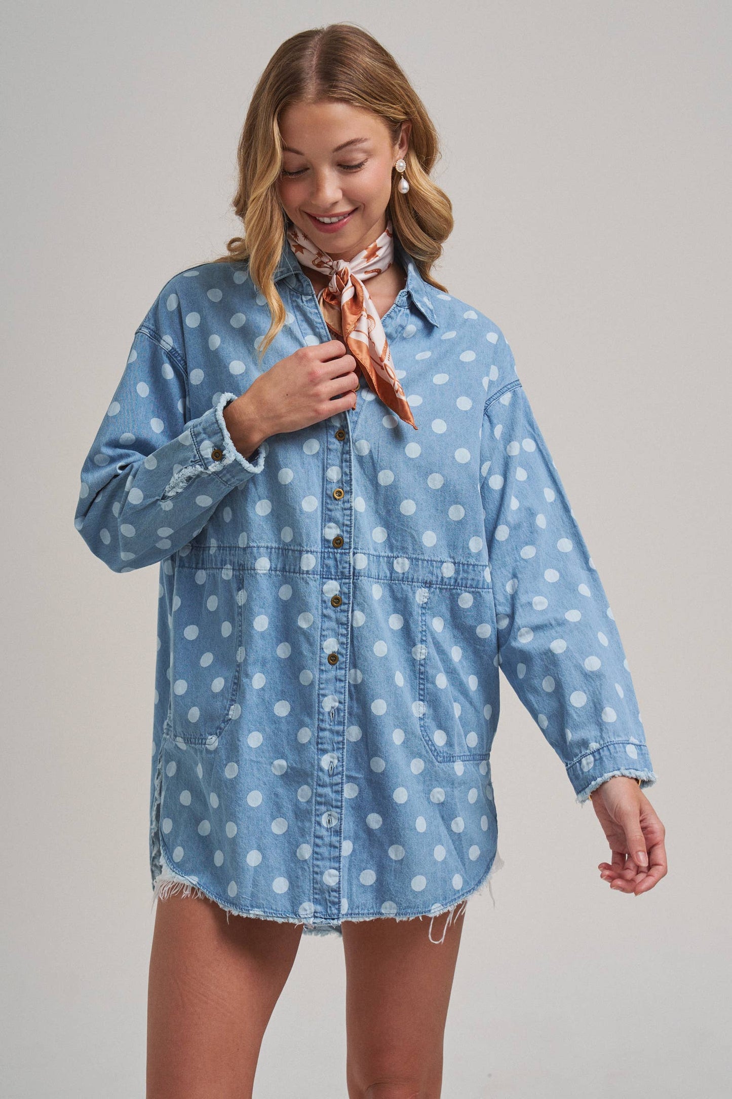 Polka Dot Chambray Button-Up Shirt with Frayed Hem