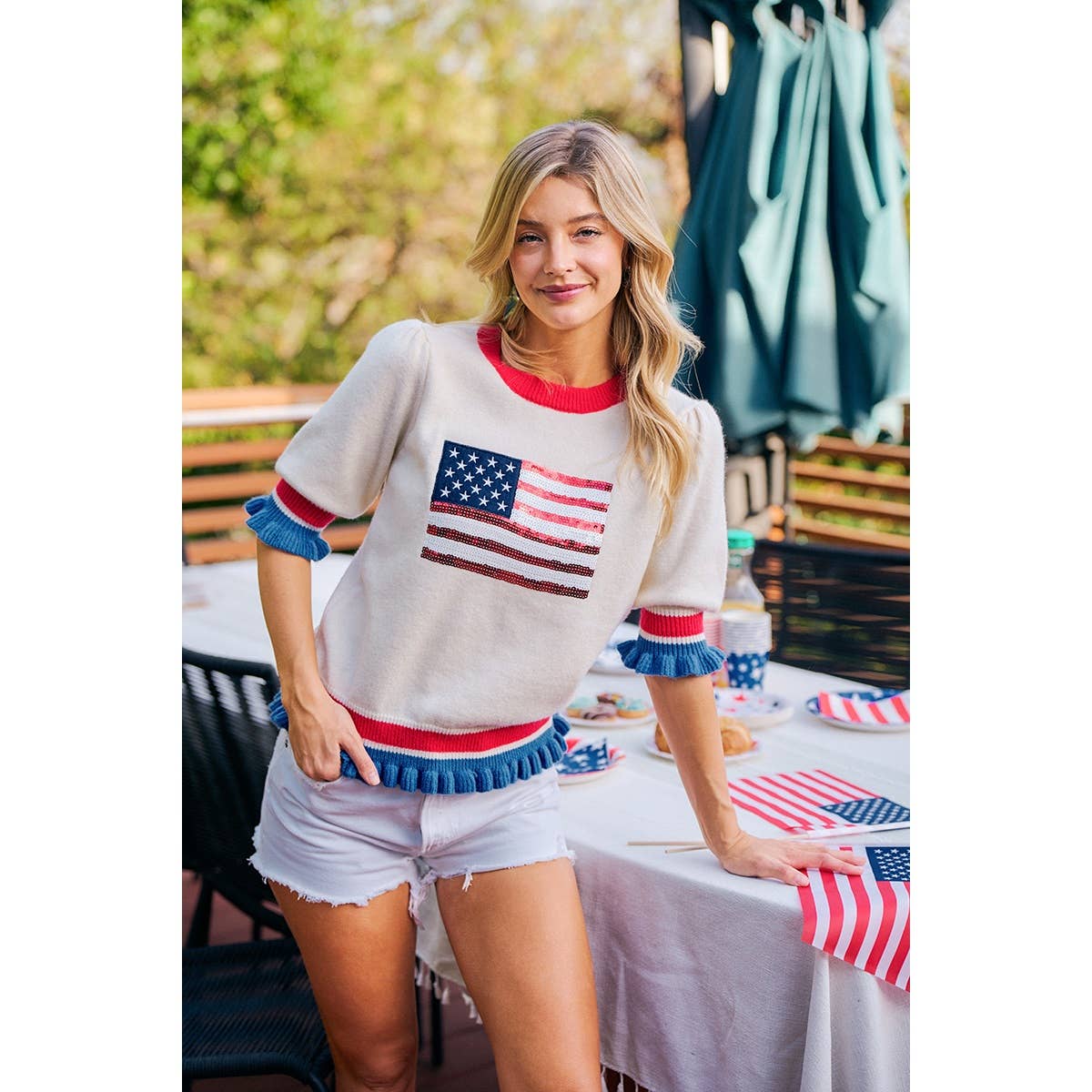 BiBi Sequin American Flag Ruffle Top