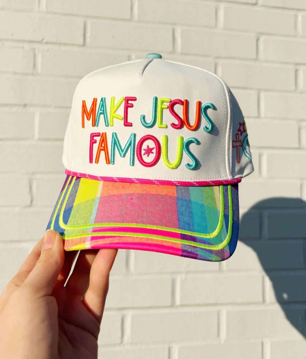 Colorful Plaid Make Jesus Famous Hat by Poppy and Pine - front view with rainbow plaid brim