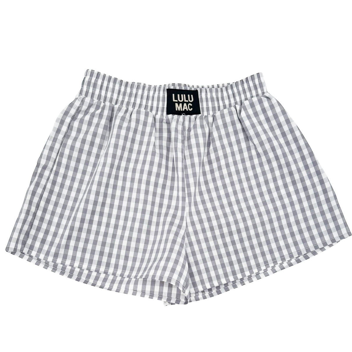 Lulu Mac grey and white gingham boxer shorts with elastic waistband
