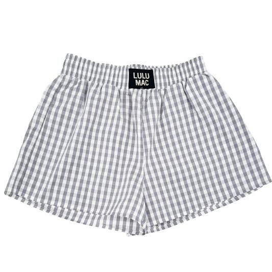 Lulu Mac grey and white gingham boxer shorts with elastic waistband