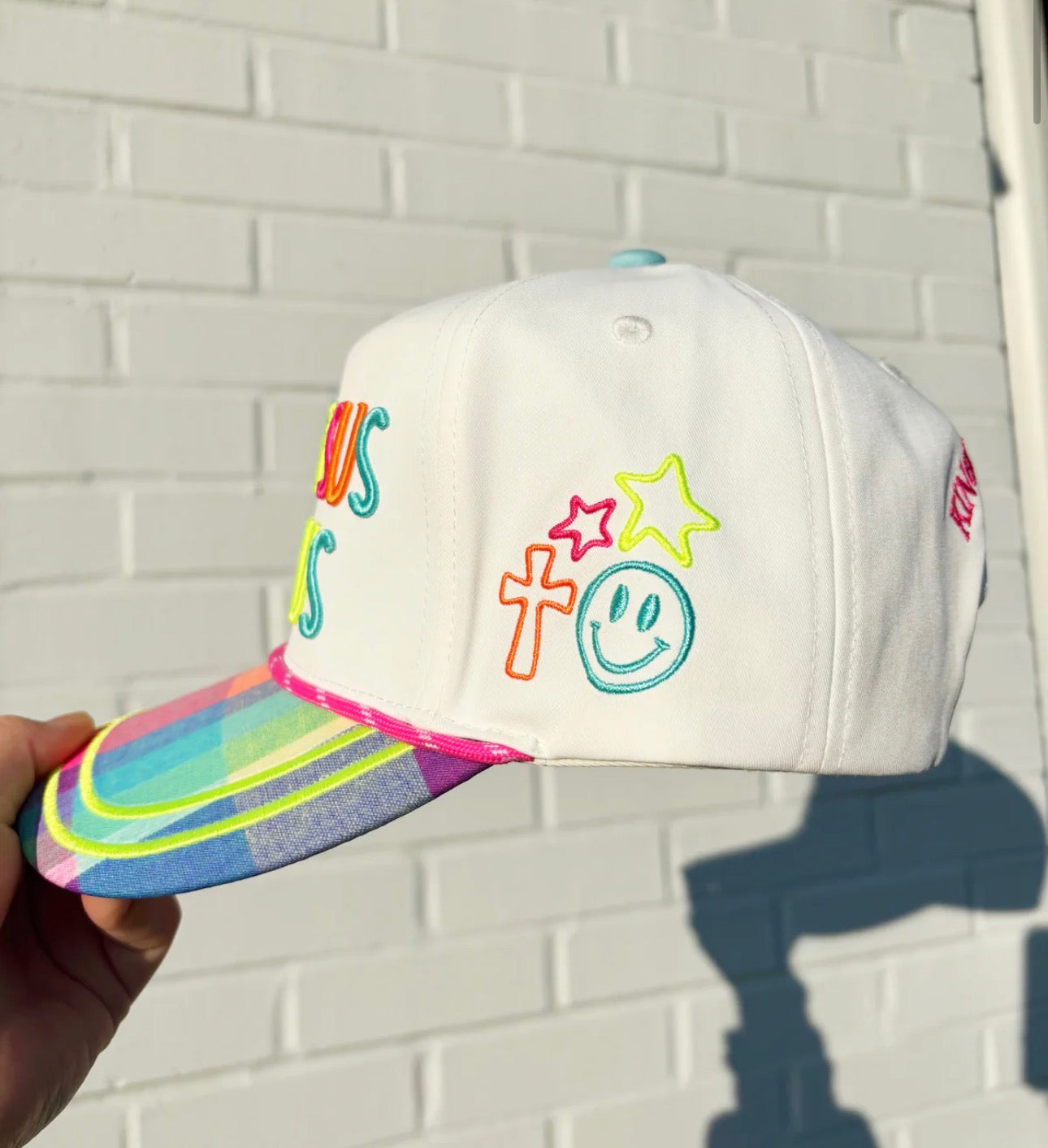 Colorful Plaid Make Jesus Famous Hat by Poppy and Pine - side view showing dream big always embroidery