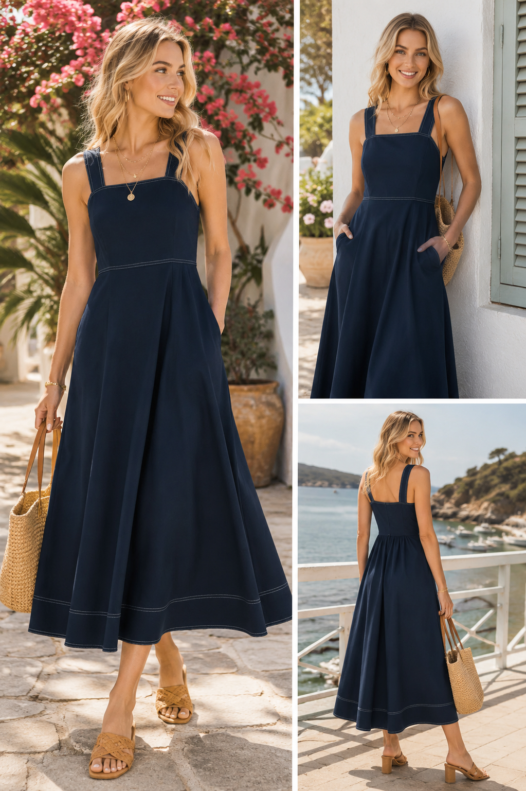 Woman wearing a navy blue dress in various outdoor settings.