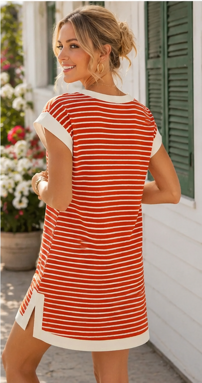 Red & Cream Striped Dress with Pockets