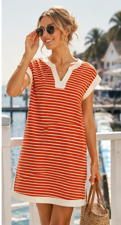Red & Cream Striped Dress with Pockets