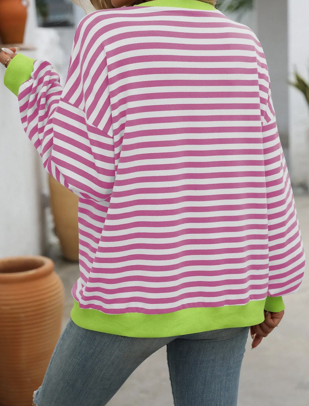 Color Striped Crew Neck Loose Sweatshirt