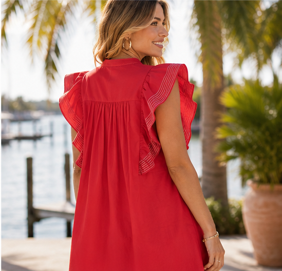 Red Embroidered Flutter Sleeve Dress
