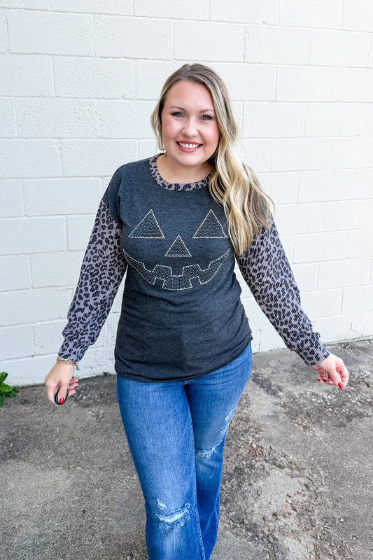 Glam-O-Lantern Rhinestone Leopard Sleeve Top