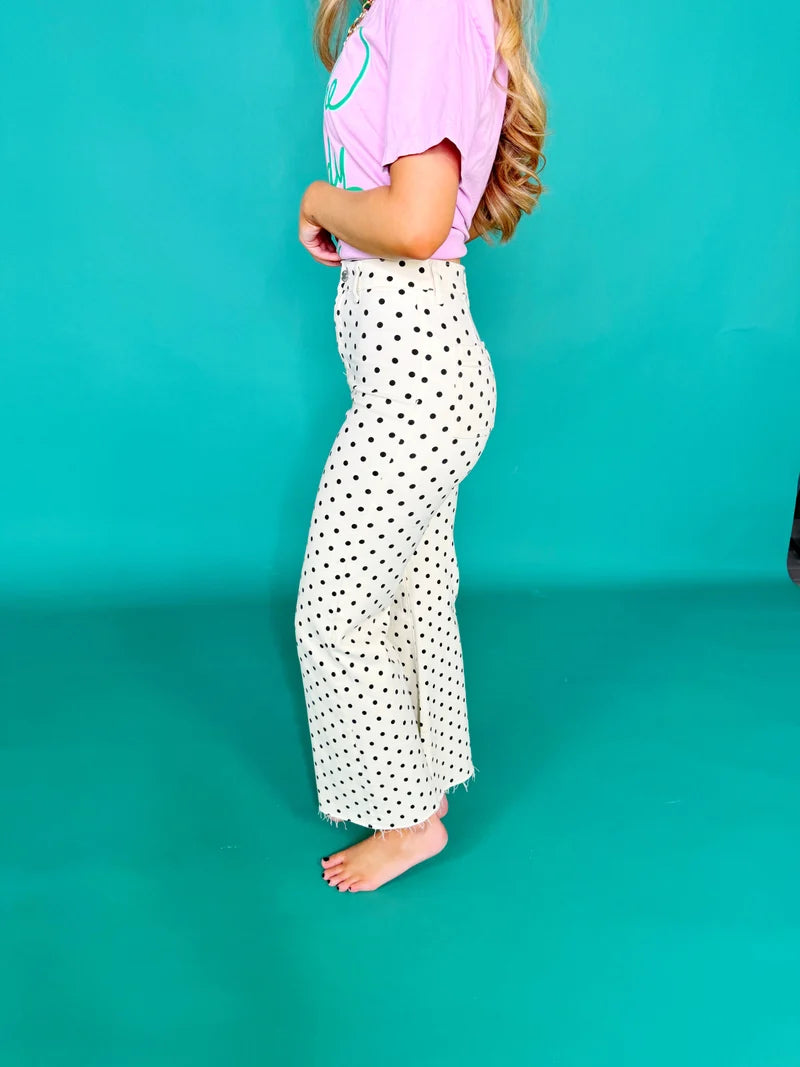 Cream Mini Polka Dot Stretch Denim Jeans
