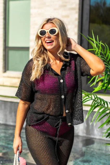 Black Crochet Swim Cover Up Button Up Shirt