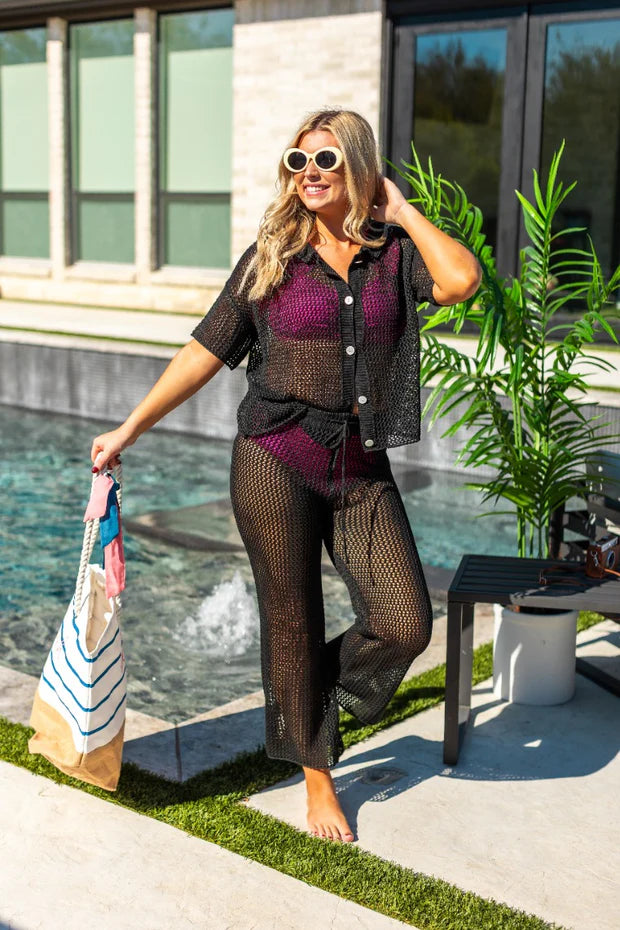 Black Crochet Swim Cover Up Button Up Shirt