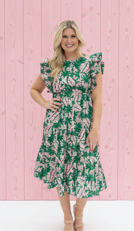 Pink & Green Floral Tiered Dress