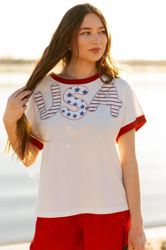 Grace + Emma Sequin USA Patriotic Ringer Tee
