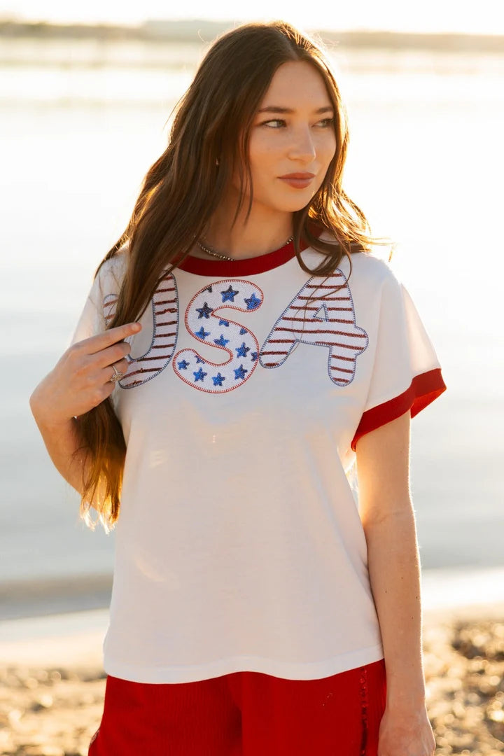 Grace + Emma Sequin USA Patriotic Ringer Tee