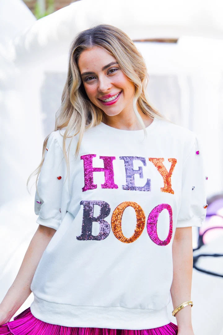 Hey Boo Sequin Halloween Puff Sleeve Top