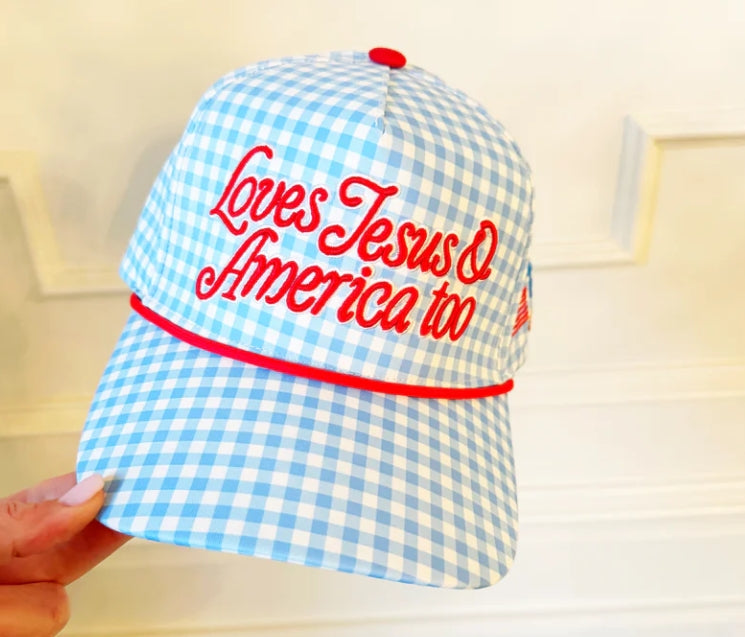 Loves Jesus & America Too Blue Gingham Patriotic Hat