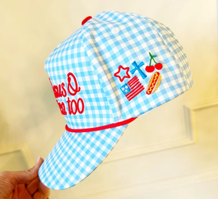 Loves Jesus & America Too Blue Gingham Patriotic Hat