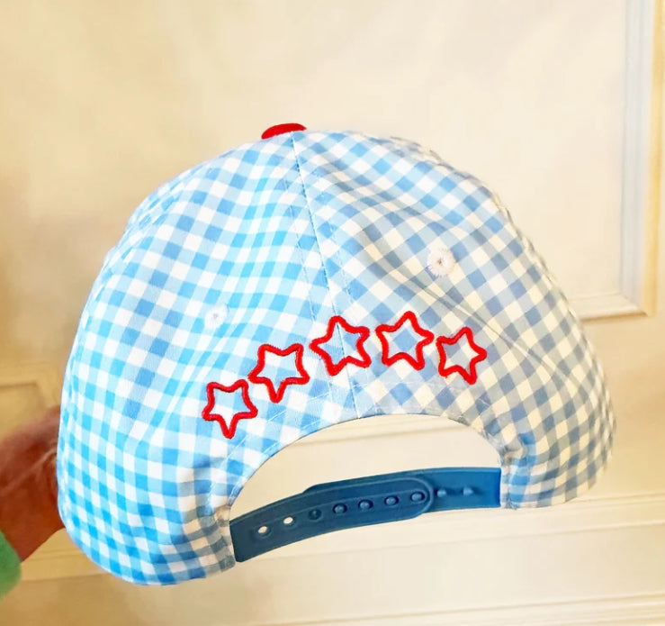 Loves Jesus & America Too Blue Gingham Patriotic Hat
