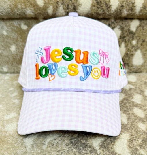 Poppy & Pine Jesus Loves You Lavender Gingham Hat