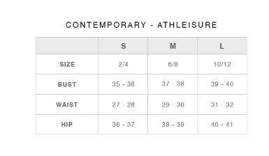 Size chart for contemporary athletic wear with measurements in inches.