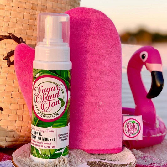 Self tanning mousse foam bottle with applicator mitt for streak free sunless tan