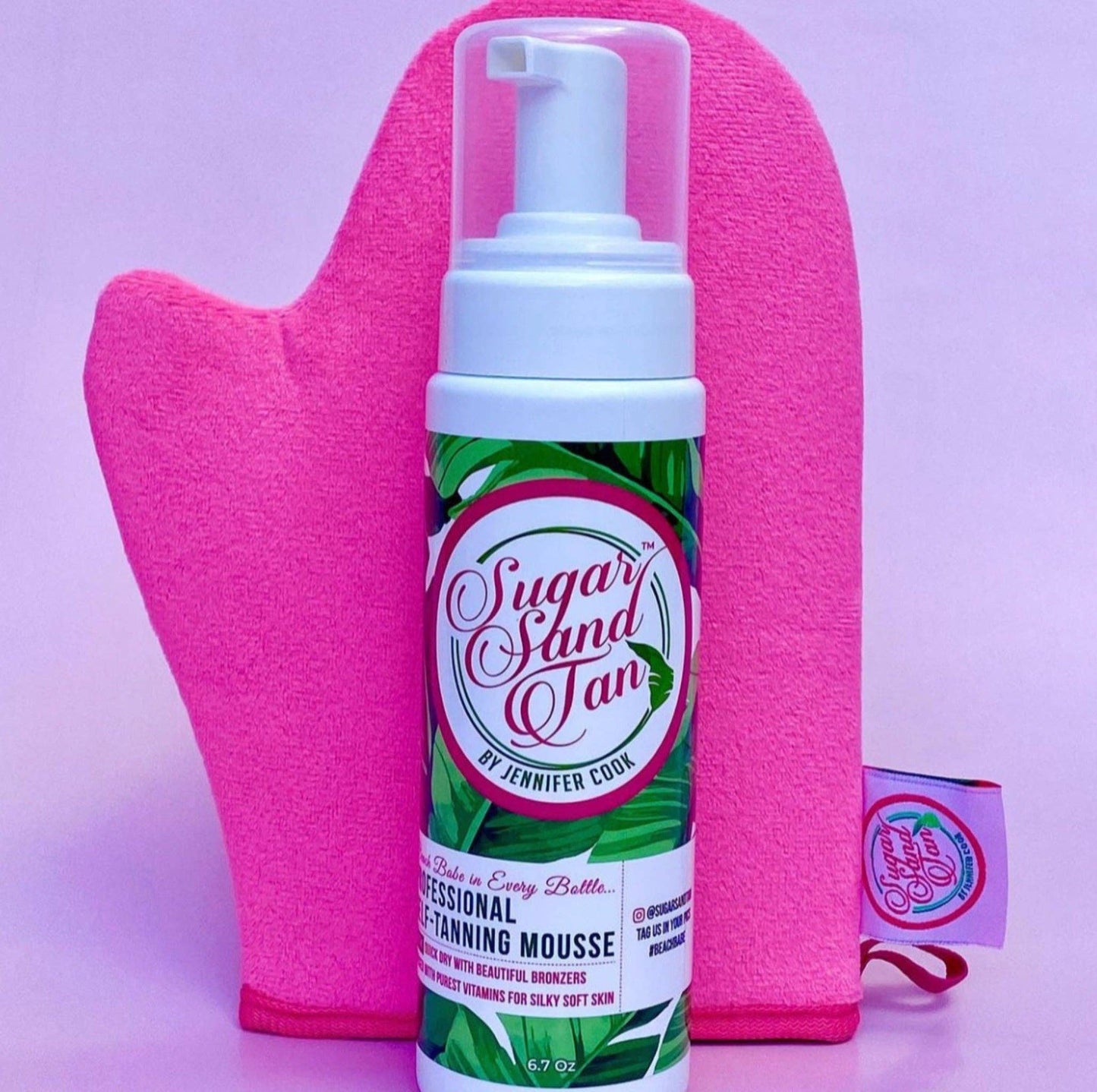 Self tanning mousse foam bottle with applicator mitt for streak free sunless tan