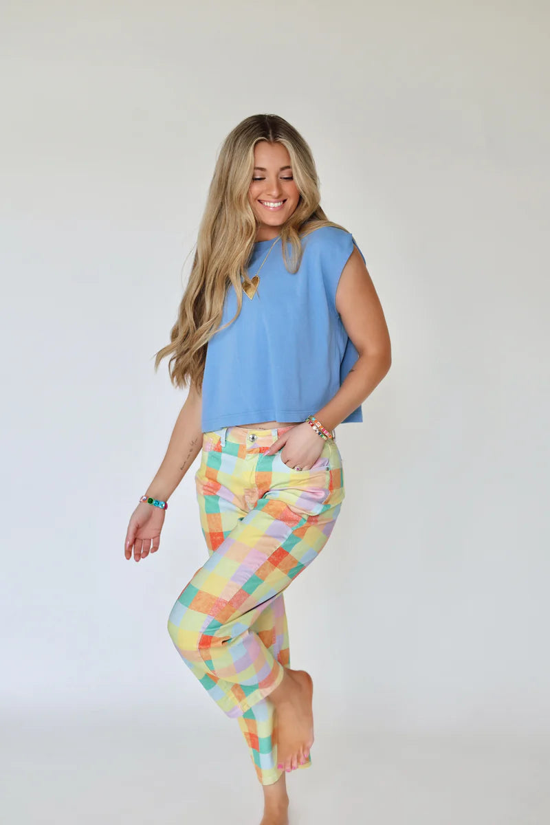 High Rise Madras Plaid Barrel Leg Pants