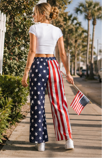 Woman wearing American flag pants in various settings