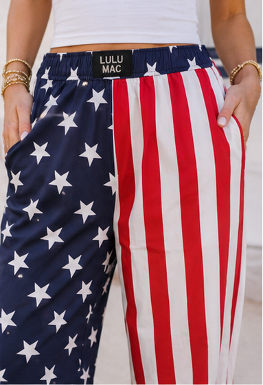 Woman wearing American flag pants in various settings