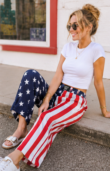 Woman wearing American flag pants in various settings